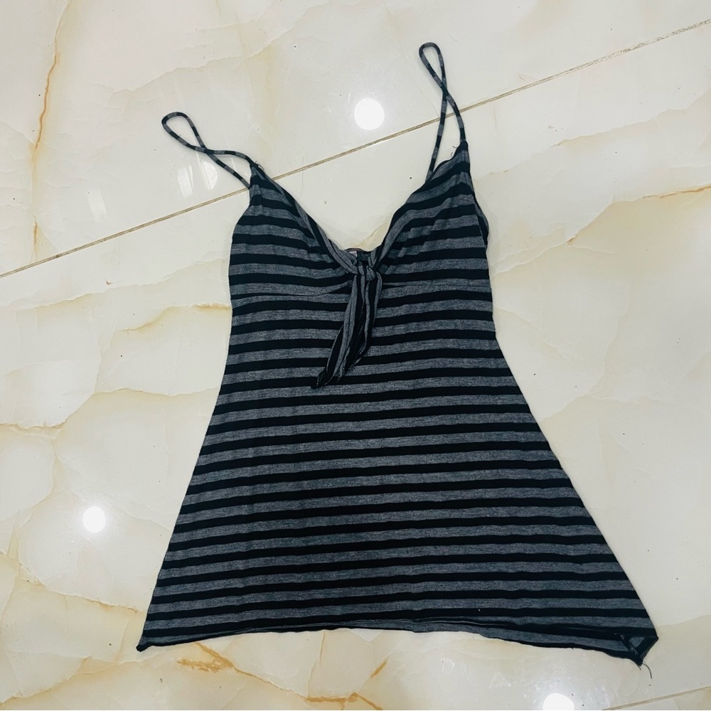 Y2K Striped Black and Gray Women's Size S Camisole Tank Top Key Hole Tie